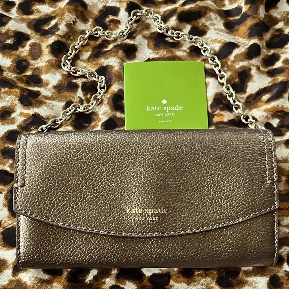 Brand New KATE SPADE Leather Eva Wallet Clutch Chain Shoulder Bag Ash Metallic